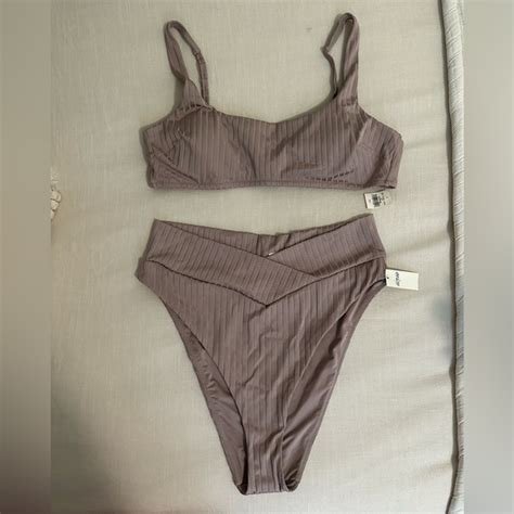 Aerie Swim Aerie Ribbedshine Bikini Set Tieback Scoop Top Crossover