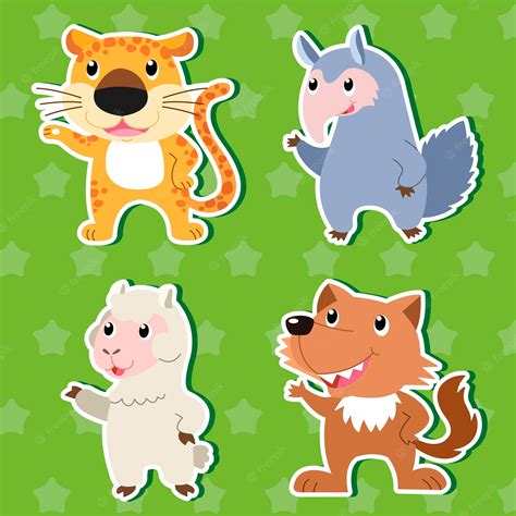 Premium Vector | Four cute animal stickers with green background.