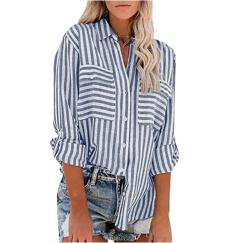 Women S Striped Button Down Shirts Long Sleeve With Pocket Single Breasted Casual Cotton Linen