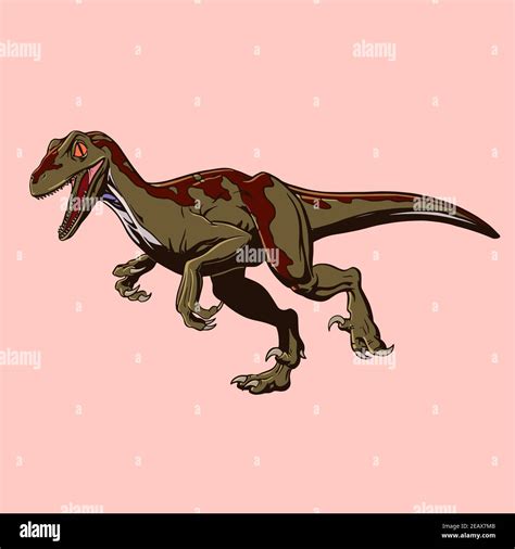 Colored Dinosaur Raptor Drawn In Cartoon Style Attacking Predator In