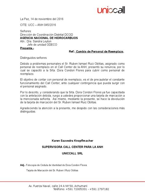 Carta Para Cambio De Personal De Reemplazo