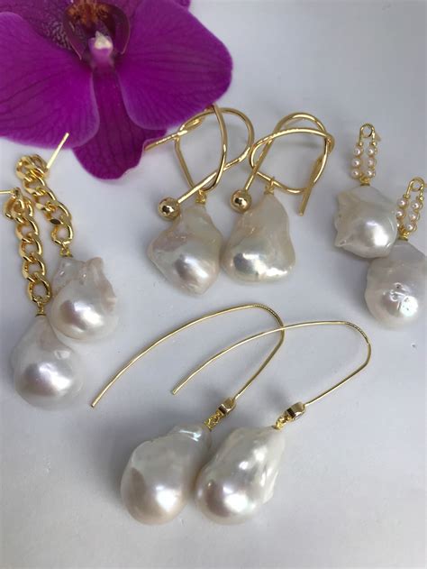 Baroque Pearl Earrings Gold Large Unique Geometric Baroque Etsy