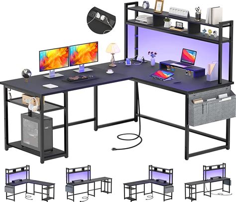 Homieasy L Shaped Gaming Desk Monitor Stand Led Storage Usb Ports