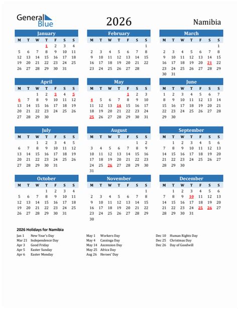 Namibia Calendar With Holidays