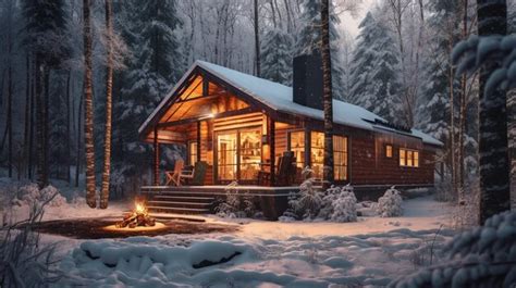 Premium Photo | A cabin in the woods with a fireplace in the snow