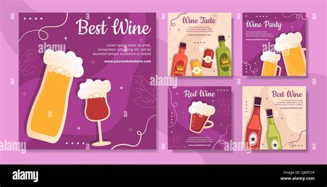 Wine Party Social Media Post Template Flat Cartoon Background Vector