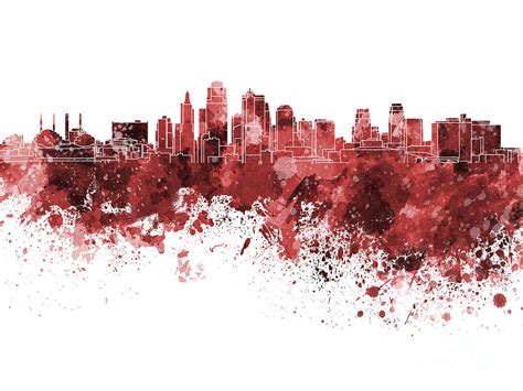 Kansas City Skyline In Red Watercolor On White Background Painting By