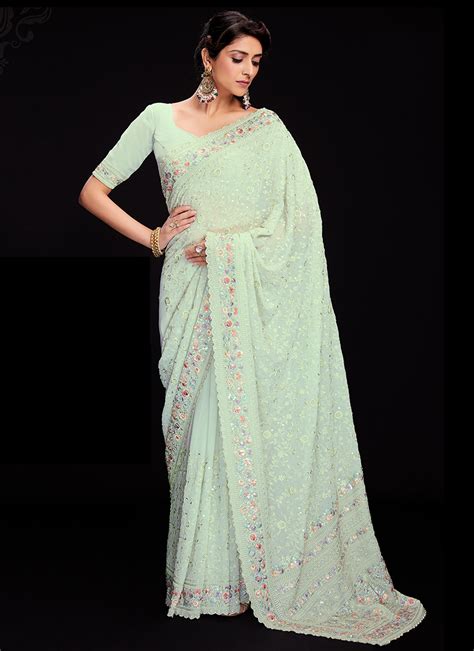 Buy Pista Green Georgette Wedding Wear Lucknowi Saree Online From