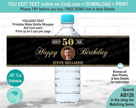 Editable 50th Birthday Water Bottle Label Template Printable Black Gold Cheers To 50 Years