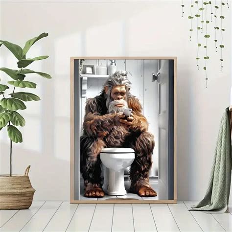 Bigfoot On Toilet With Cell Phone Unframed Canvas Print 16 X 12