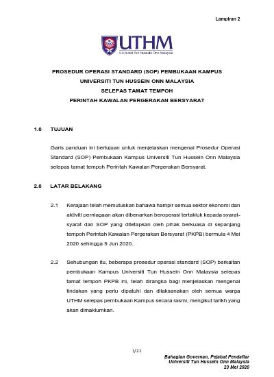 Prosedur Operasi Standard Sop Pembukaan Kampus Universiti Tun Hussein