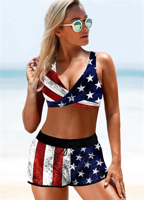 Rotita Cross Front American Flag Print Bikini Set Swimsuits Bikini