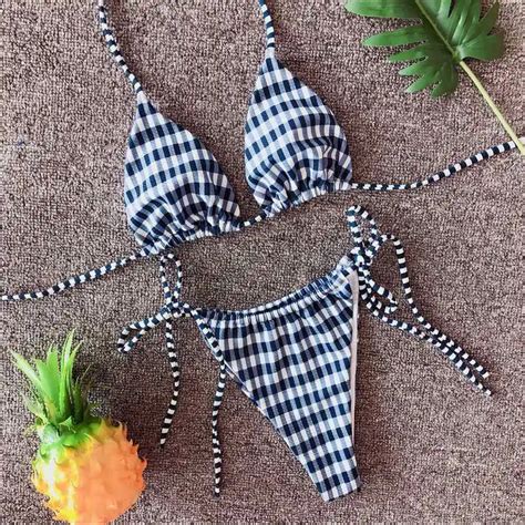 Sexy Plaids Dreieck Push Up Tanga Bikini Überprüft Micro Bikinis Frauen