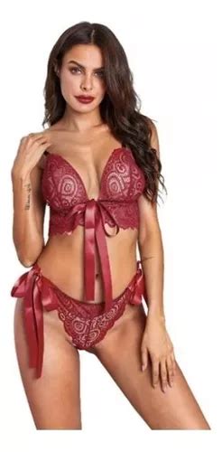 Conjunto Bralet Lencera Colales Burdeos Encaje Mujer Sex Hot Cuotas