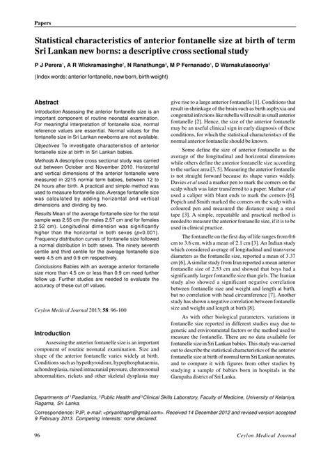 (PDF) Statistical characteristics of anterior fontanelle size at birth of term Sri Lankan new ...