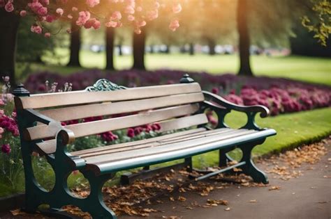 Premium Ai Image A Park Bench With Pink Flowers In The Background