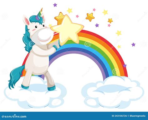 Unicorn Standing On A Cloud With Rainbow In Cartoon Style Stock Vector