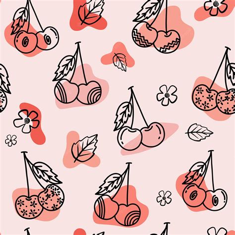 Premium Vector Cherry Fruit Seamless Pattern Cherry With Leaf Hand