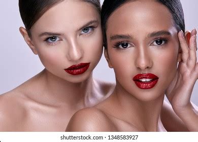 Gorgeous Girls Wearing Evening Make Naked Stock Photo