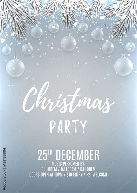 Christmas party flyer template. Elegant vector illustration with glass ...