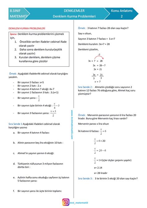 8 SINIF DENKLEM KURMA PROBLEMLERİ KONU ANLATIMI Test Matematik