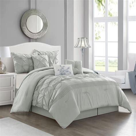 Lanco Pinch Pleat Pintuck 7 Piece Comforter Set Grey Queen Solid 100 Polyester And Fill All