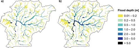 Fluvial-pluvial flood maps for (a) 100-year mean return period and (b ...