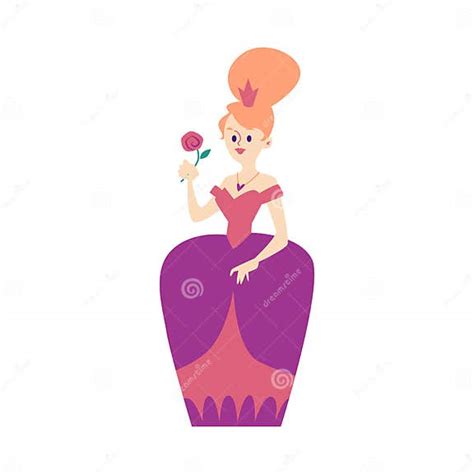 Cartoon Princess In Pink Dress Standing And Holding A Rose Stock Vector