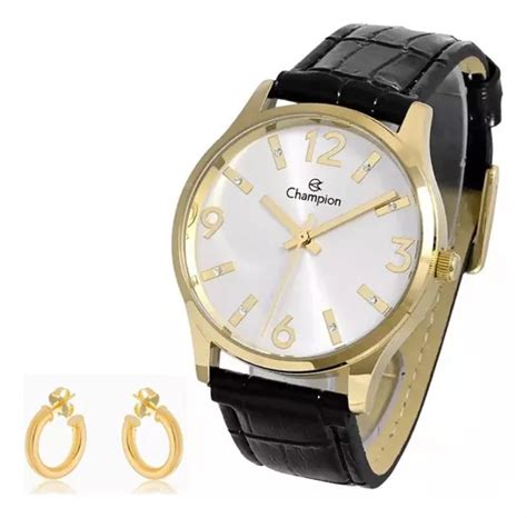 Relogio De Pulso Champion Feminino Pulseira Couro Brinco