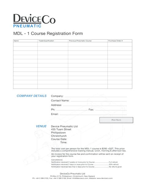 Fillable Online Deviceco Co MDL 1 Course Registration Form DeviceCo