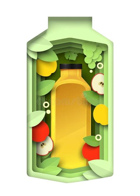 Paper Cut Packaging Bottle With Apples Grapes Realistic Juice Bottle