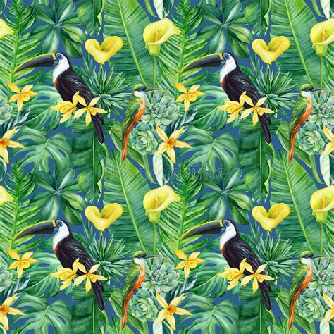 Tropical Palm Leaves Flowers And Toucan Bird Seamless Pattern Jungle