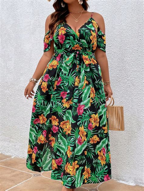 Shein Vcay Plus Tropical Print Cold Shoulder Belted Dress For Sale