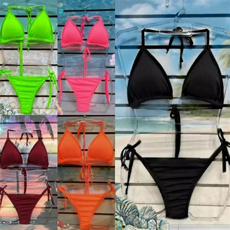 CJ Biquíni Bikini tecido canelado bojo e forrado Parte de cima e de baixo Shopee Brasil