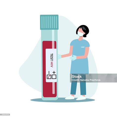 파란 배경에 고립 된 Hiv에 대한 혈액의 시험관이있는 의사의 플랫 벡터 그림 National Hiv Testing Day에