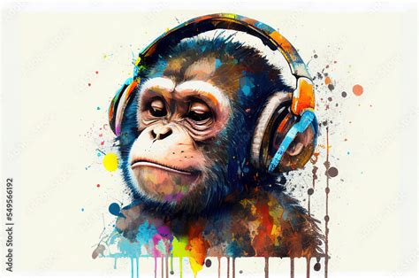 Cool monkey with headphones listening music, colorful paints smudges ...