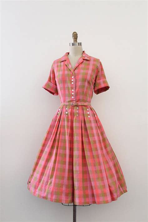 Vintage 1950s Dress 50s Pink Plaid Buttons Day Dress Etsy Canada