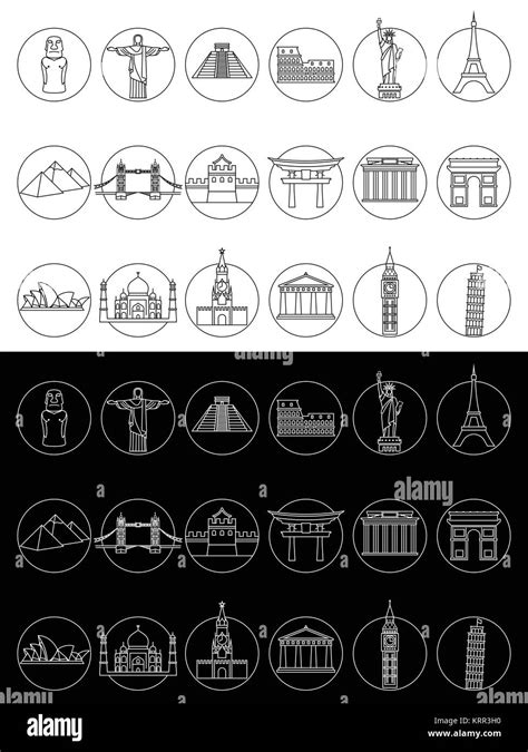 Monumentos de viaje popular iconos vector Conjunto de línea delgada