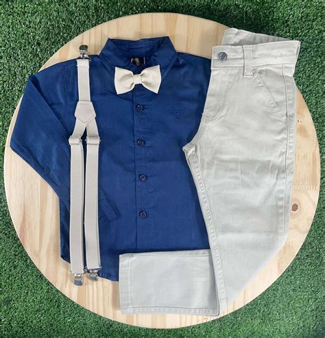 Conjunto Roupa Social Infantil Cal A Nude E Camisa Azul Marinho Para Festas Casamentos E Batizados