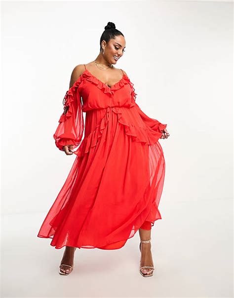 Asos Design Curve Schulterfreies Midikleid In Rot Mit Rüschen Asos