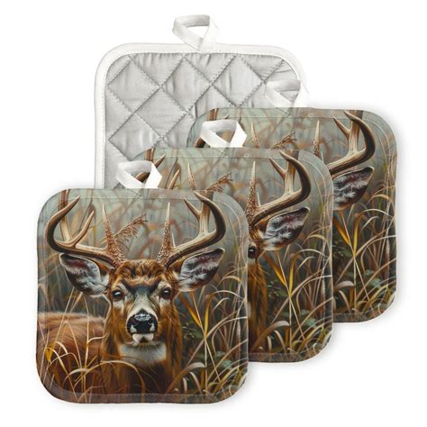 BaHomeck Heat Resistant Hot Pads 4 Pack Deer In Tall Grass With Detailed Fur And Horns Square