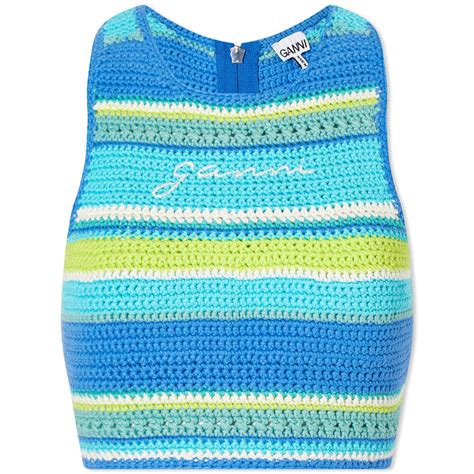 Ganni Women S Crochet Racerback Bikini Top In Blue Curacao Ganni