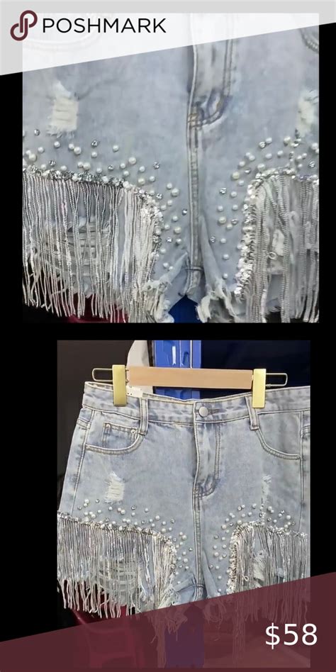 Elegant Shorts Lady Tassel Beading High Waist Wide Leg Denim Shorts