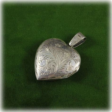 Large Vintage Etched Sterling Heart Locket Pendant