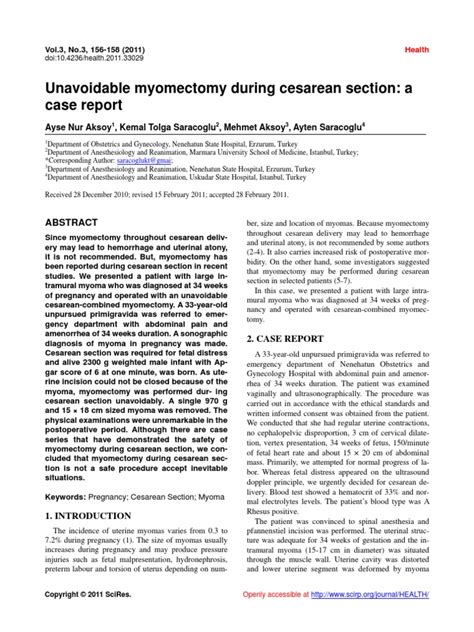 Unavoidable Myomectomy During Cesarean Section A Case Report Pdf