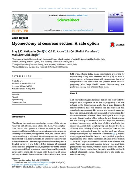 Pdf Myomectomy At Cesarean Section A Safe Option Sukesh Kathpalia