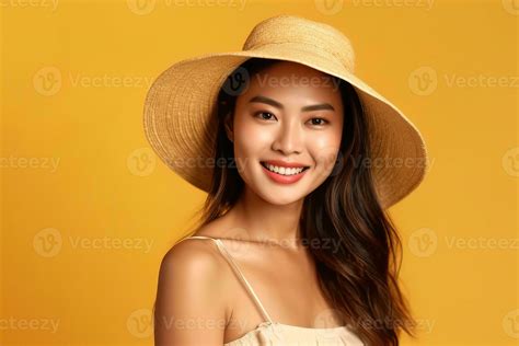 Portrait Beautiful Woman Wearing Straw Hat Smiling Confident Made With