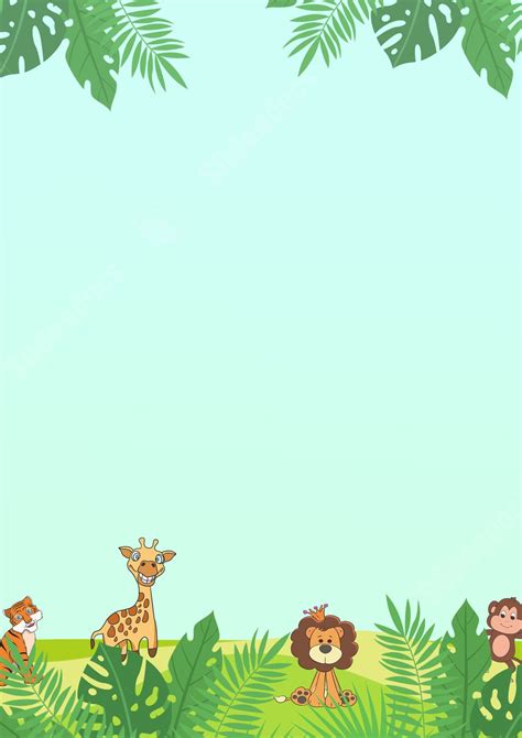 Cute Gradient Animal Cartoon In The Jungle Page Border Background Word