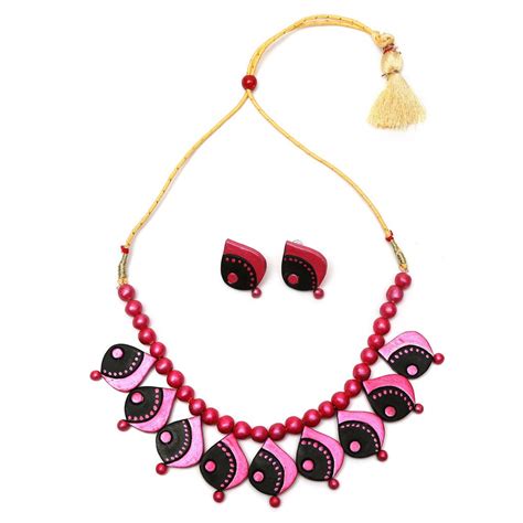 Buy Tandras Fashion Pink Black Glossy Finish Terracotta Necklace Set