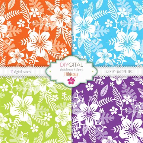 Hibiscus Colorful Hawaiian Style Digital Paper Set With Etsy